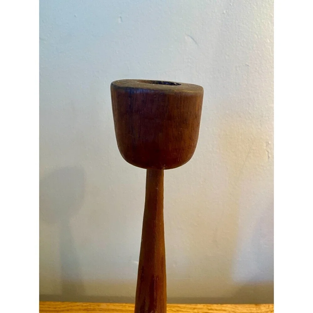 Mid Century Modern Wood Candlestick Holder Danish Pillar Round Dark Scandinavian